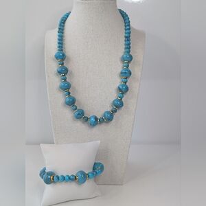 Vintage Teal & Gold Necklace & Bracelet Set